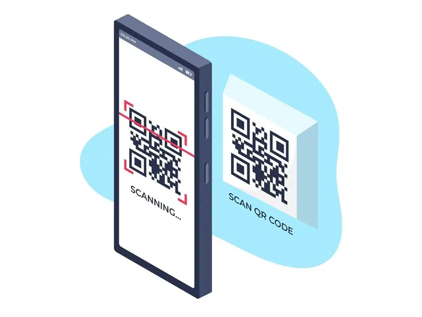 Isometric illustration of a smartphone scanning a QR code from a printed card against a blue backdrop.